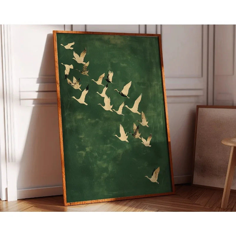 Wall Cranes Art Emerald Green Canvas With Gold Accents