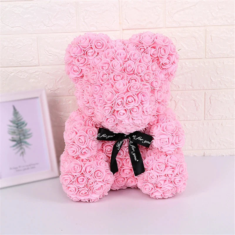 Rose Faux Teddy Bear with Gift Box and Lights - Romantic Anniversary or Valentine's Day Gift, Wedding Decor