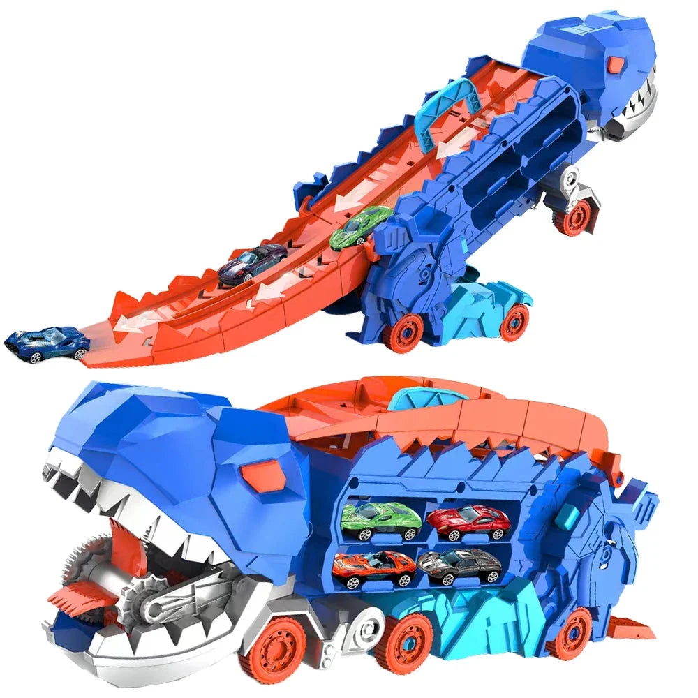 Folding Dinosaur Transporter Car Kit - 2 Die-Cast Cars for Competitive Play & Simple Storage