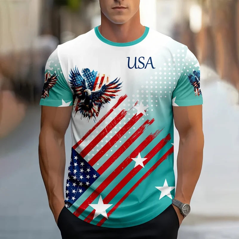 Plush men's tee - relaxed fit, 3D print patriotic eagle and flag graphic, casual wear