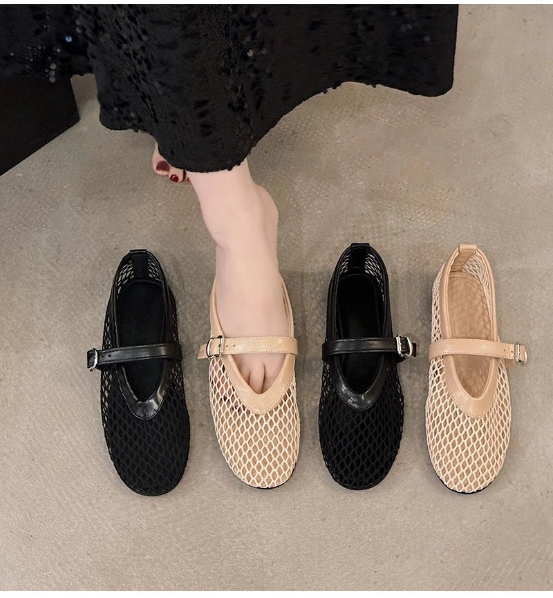Women Breathable Mesh Ballet Flats - Strappy Round Toe