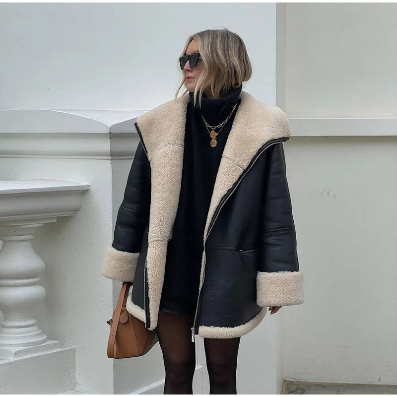 Oversized Warm Women's Jacket - Shearling Faux Leather