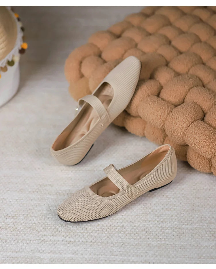 Women Stretchy Mary Jane Flats - Ribbed Knit For Spring