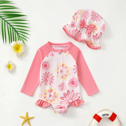 Long-Sleeve Floral Print, Polyester, For Sun Protection – Breathable Baby Girl Onesie Swimsuit With Sun Hat