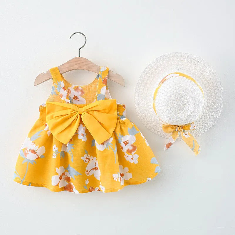 Plush baby girls dress - sleeveless, floral bow-embellished, cotton-polyester blend, for summer outings