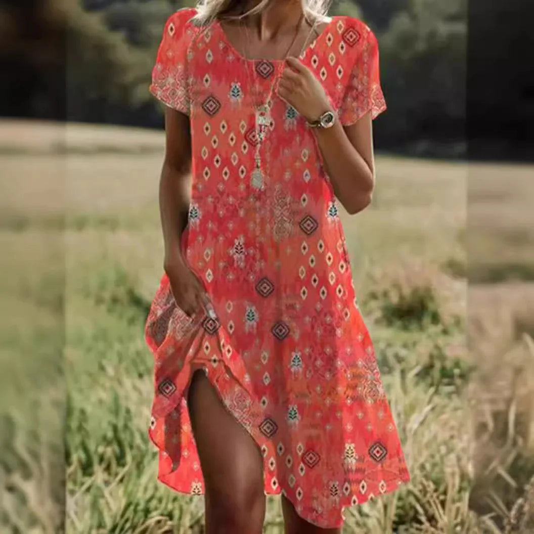 Bohemian Summer Dresses For Women V Neck Short Sleeve Floral Maxi Beach Dress