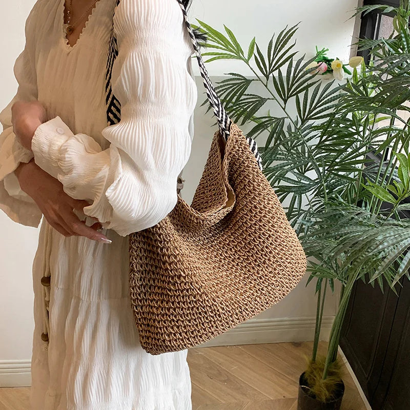 Straw2026 Edition Beach Bag - Large Capacity Woven Tote With Knot Shoulder Straps, Summer