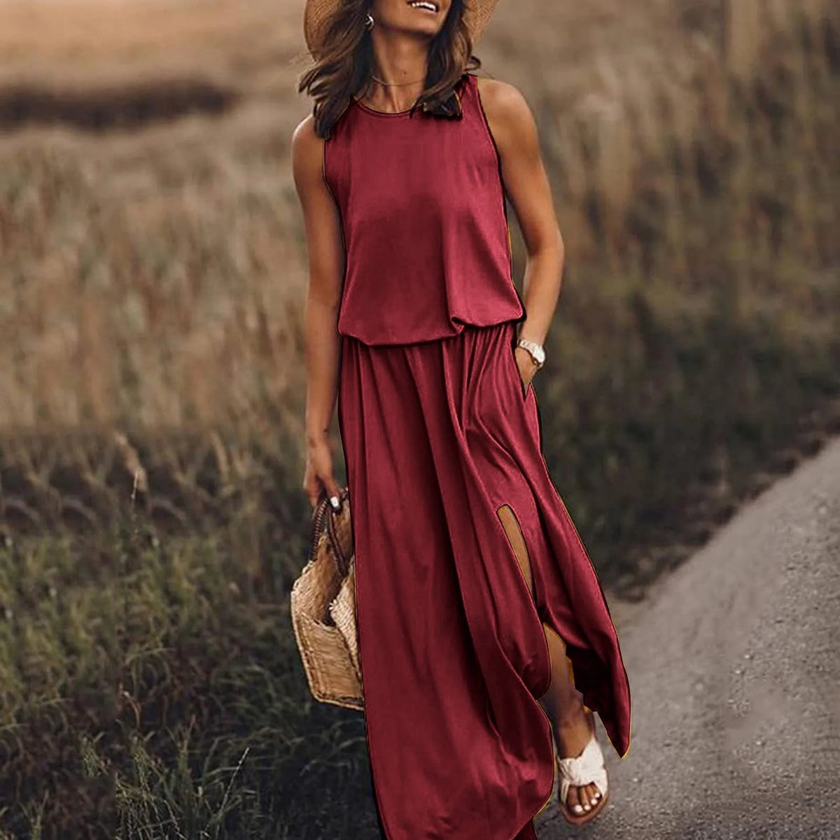 Spring/Summer Women's Trendy Retro Sleeveless Dress, Solid Color Two-Piece Kit