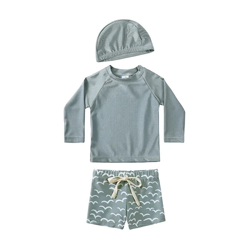 Long-Sleeve Top, Swim Pants, Hat, Polyester Elastane, Beach Vacation – Breathable Kids Rash Guard Swim Kit