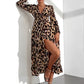 V-Neck A-Line Long Sleeve Midi Dress with Leopard Print for Women, Stylish Casual Cotton Blend-6