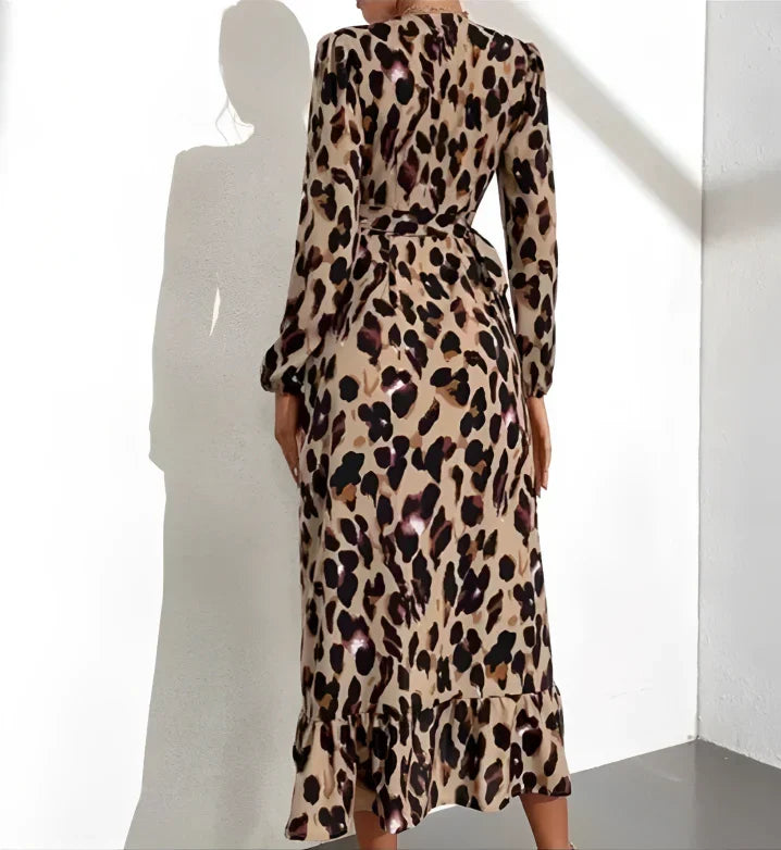 V-Neck A-Line Long Sleeve Midi Dress with Leopard Print for Women, Stylish Casual Cotton Blend-5