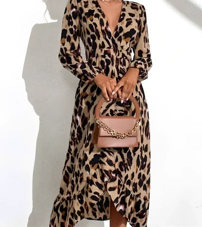 Variant image for V-Neck A-Line Long Sleeve Midi Dress with Leopard Print for Women, Stylish Casual Cotton Blend-1