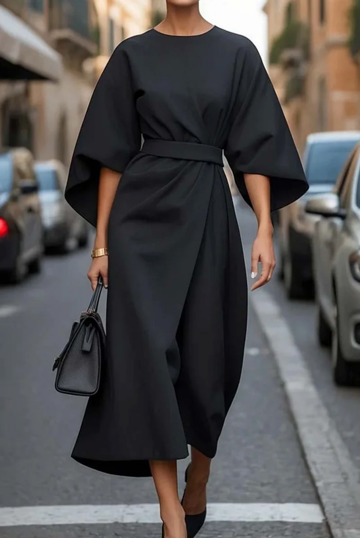 Belted Black Maxi Dress for Women - Flattering Fit Long Dress, Plus Size Available, Effortless Elegance-2