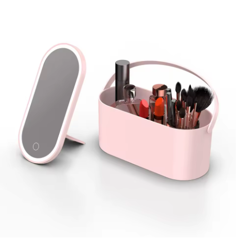 Makeup Organizer Box with LED Light Mirror - Travel-Friendly Travel Makeup Case for Cosmetics Storage