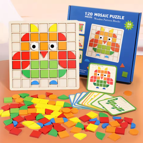 120Pcs Wooden Mosaic Puzzle Toy for Kids - Montessori 3D Patterned Shape Jigsaw Kit, Early Education Fun