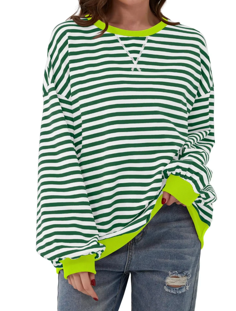 Women's Oversized Sweatshirt - Boxy Striped Cotton Casual