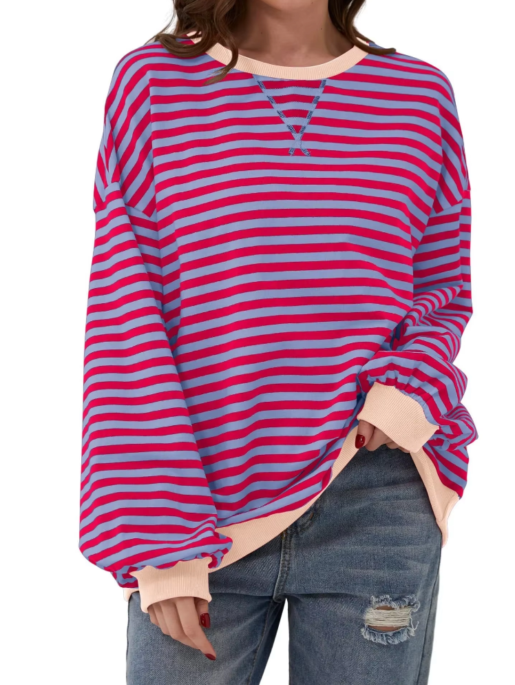 Women's Oversized Sweatshirt - Boxy Striped Cotton Casual