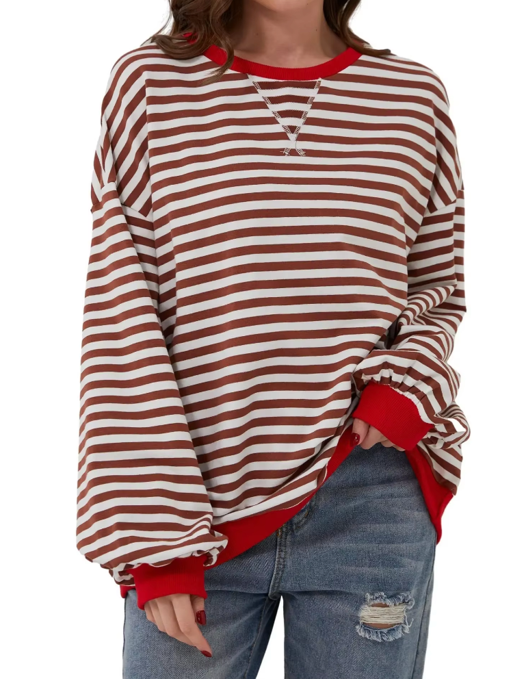 Women's Oversized Sweatshirt - Boxy Striped Cotton Casual