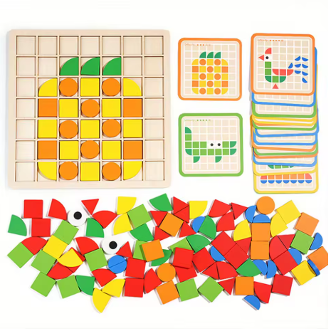 120Pcs Wooden Mosaic Puzzle Toy for Kids - Montessori 3D Patterned Shape Jigsaw Kit, Early Education Fun