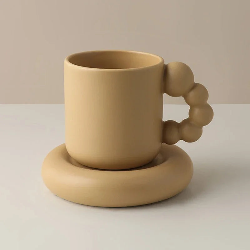 Ceramic Coffee Mug With Tray Beaded Handle Scandinavian Handmade Cup Fall 2025 Gift Decorative Serving