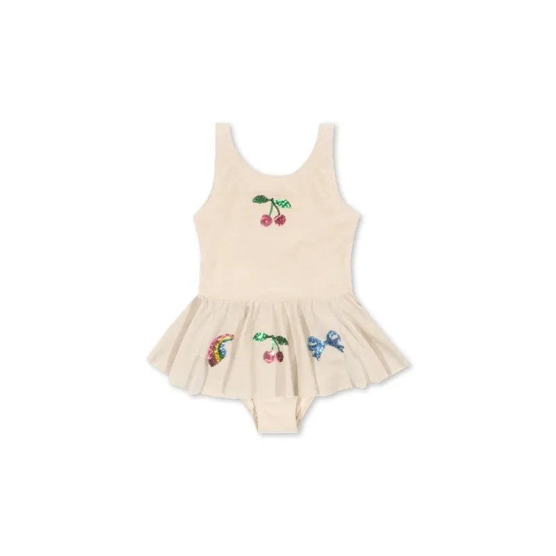 Fast-dry girls’ swimwear - checkered cherry print bikini set, nylon, for summer vacation