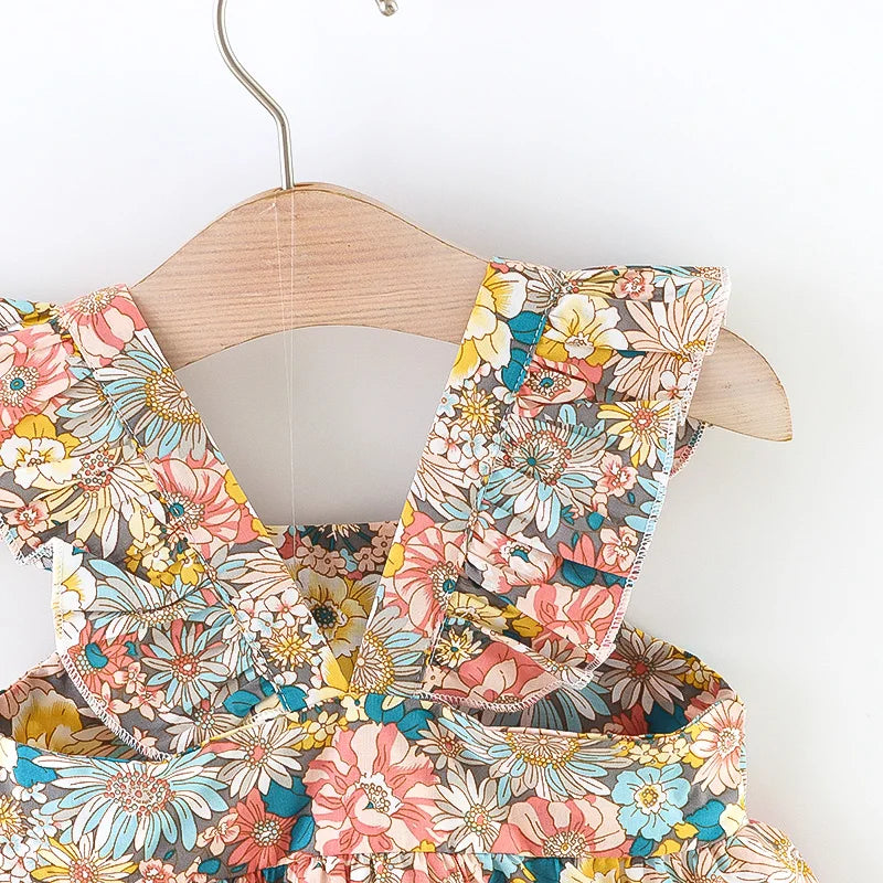 Plush Baby Girl Dress - Timeless Floral Flutter Sleeves, Polyester, With Crossbody Bag, For Ages 0-3