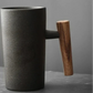 Style Japanese Stoneware Coffee Cup - Handmade Mug with Wooden Handle for Couples