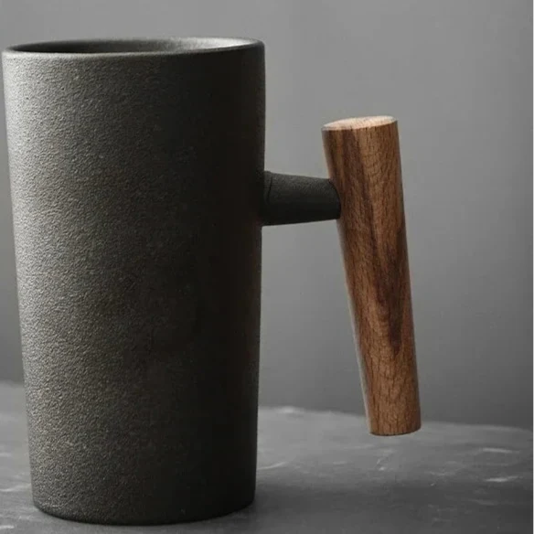 Style Japanese Stoneware Coffee Cup - Handmade Mug with Wooden Handle for Couples
