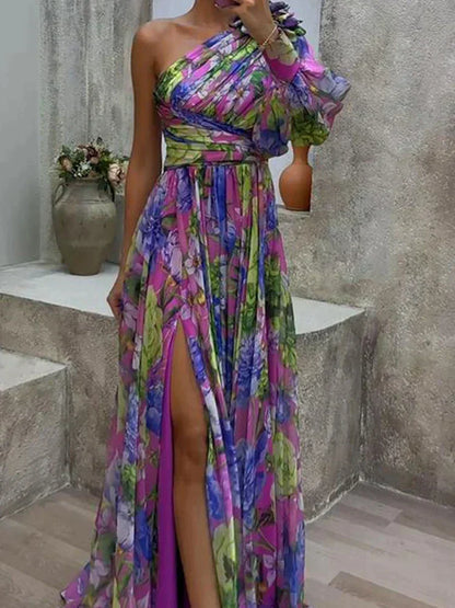 Variant image for Lilac Maxi Dress with Side Slit and Capucine Print, Elegant Long Dress for Women, Fluid Fabric for Casual and Formal Occasions-1