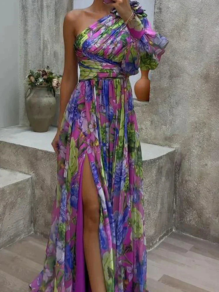 Lilac Maxi Dress with Side Slit and Capucine Print, Elegant Long Dress for Women, Fluid Fabric for Casual and Formal Occasions-1