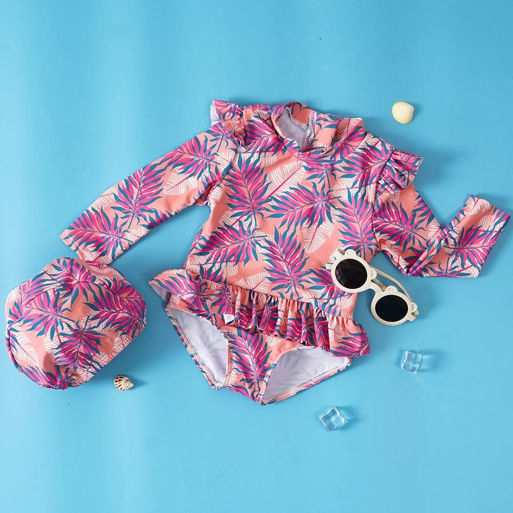 Plush Girls' One-Piece Swimsuit - Long Sleeve, Lace Design, Polyester, Sun Protection Beachwear