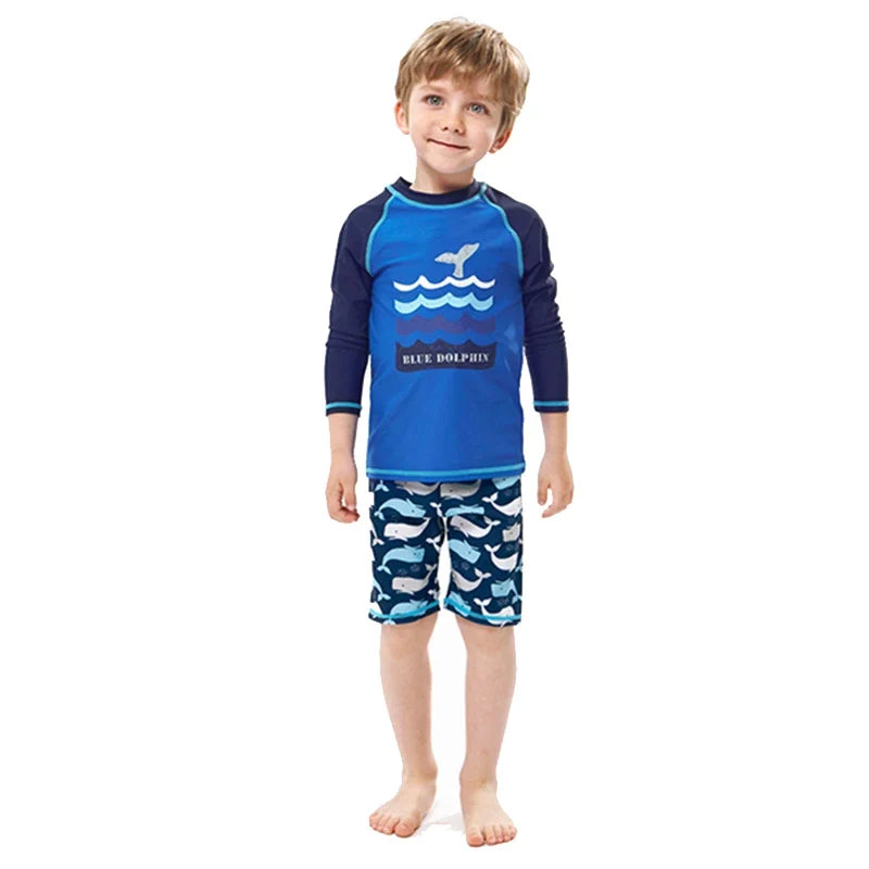Fast-dry unisex kids' swimsuit set - long-sleeve top and shorts, polyester, for summer swimming