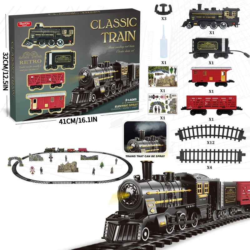 Retro Timeless Motor-Driven Train Kit for Kids - Long Track Steam Engine Toy with Lights and Sounds, Great New Year Gift