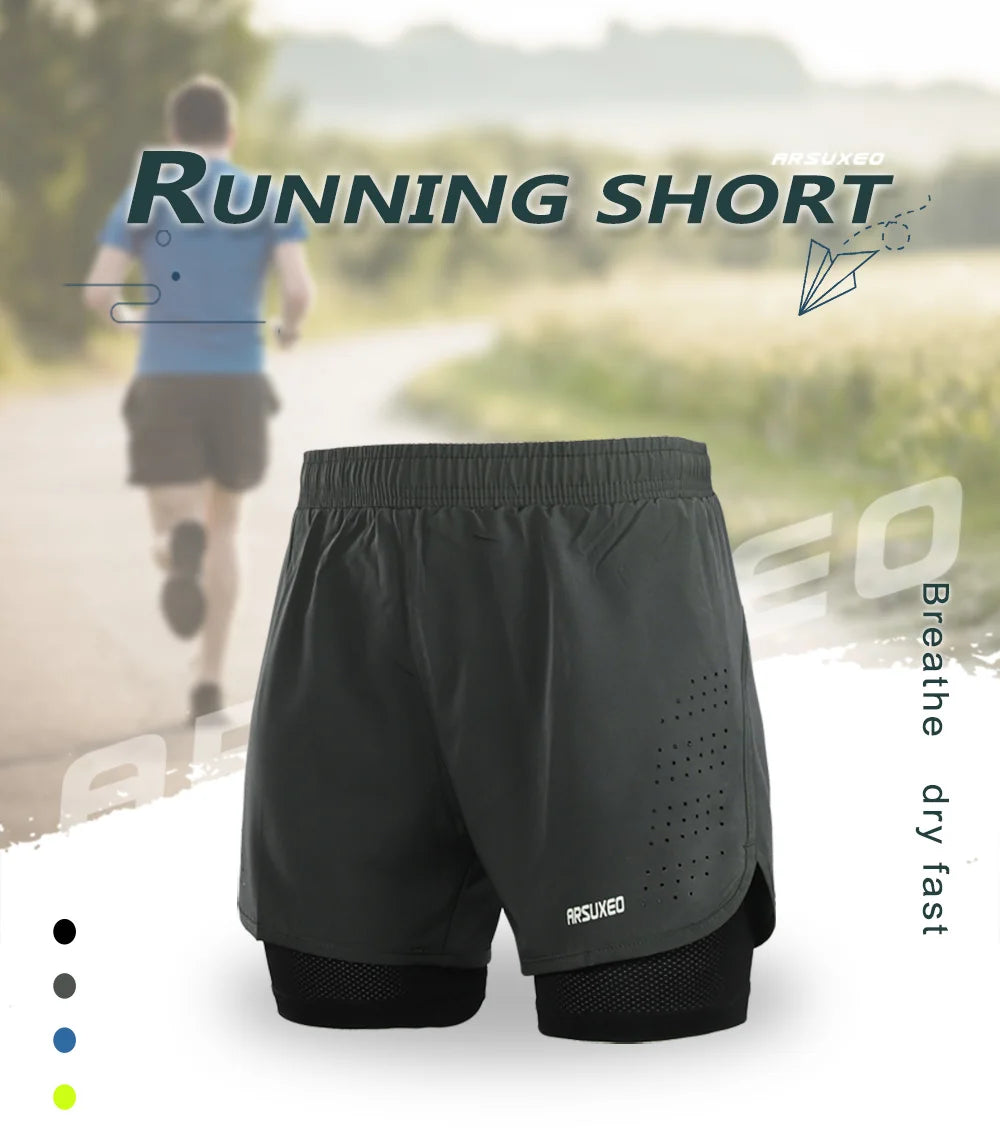 men's Stretchy 2-in-1 running shorts - longer liner, polyester blend, for jogging and gym