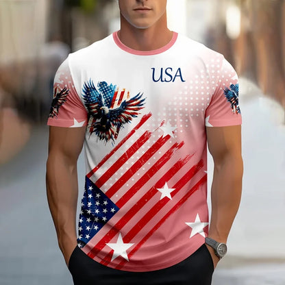 Plush men's tee - relaxed fit, 3D print patriotic eagle and flag graphic, casual wear