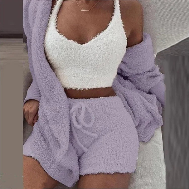 Fluffy Pajamas Kit for Women Plus Size Tank Top Shorts Winter Sleepwear