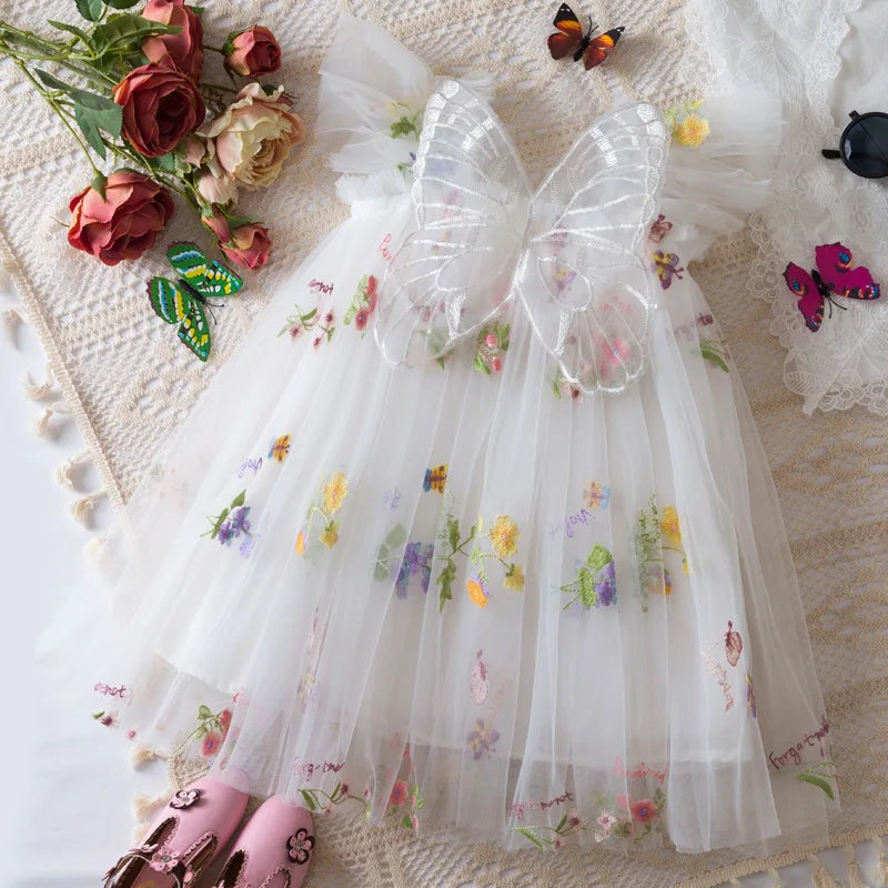 Light flowy girls' dress - knee-length tulle, floral print, polyester, for weddings