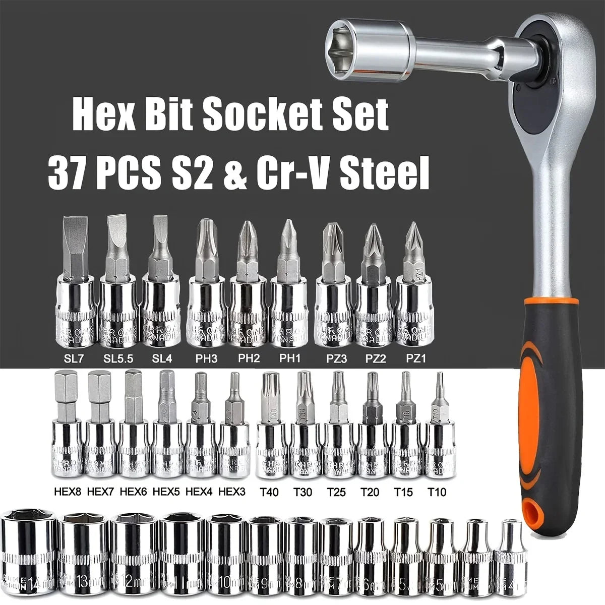 Household Tools Drive Socket Kit - 1/4 Inch Ratchet Wrench & Metric Hex Bit Kit for Mechanics