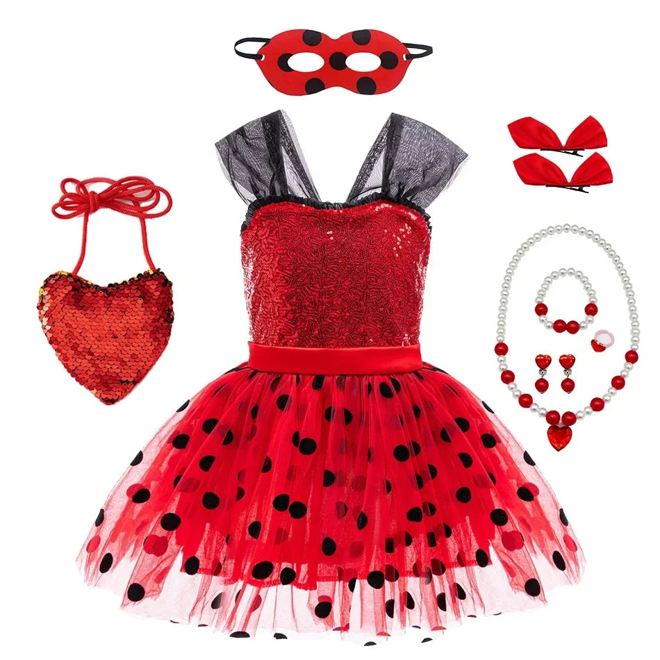 Light girls' Ladybug cosplay costume - sequin bodice with knee-length tulle skirt, polyester, for Halloween