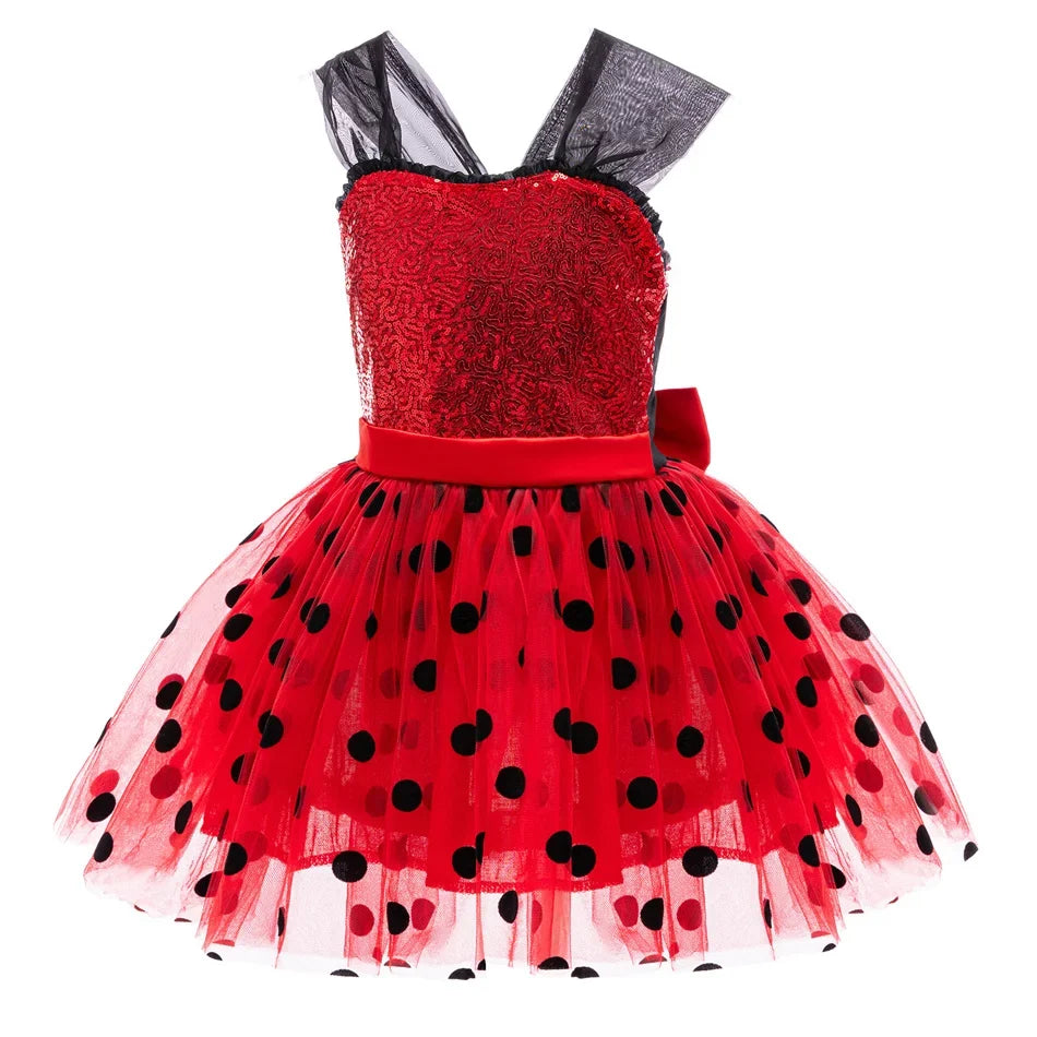 Light girls' Ladybug cosplay costume - sequin bodice with knee-length tulle skirt, polyester, for Halloween