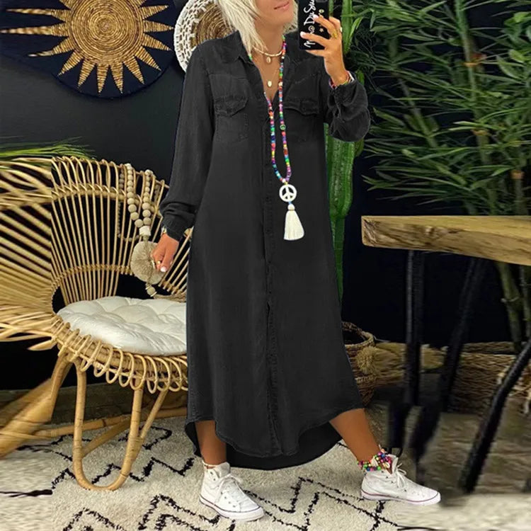 Jeans Shirt Dress Women Long Elegant Splice Dress with Turn Down Collar Summer Fashion