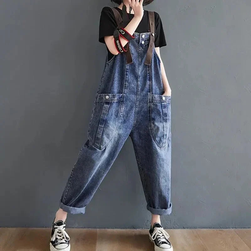 Big Vintage Pocket Suspender Jeans Trousers - Women's Casual Denim Harem Pants