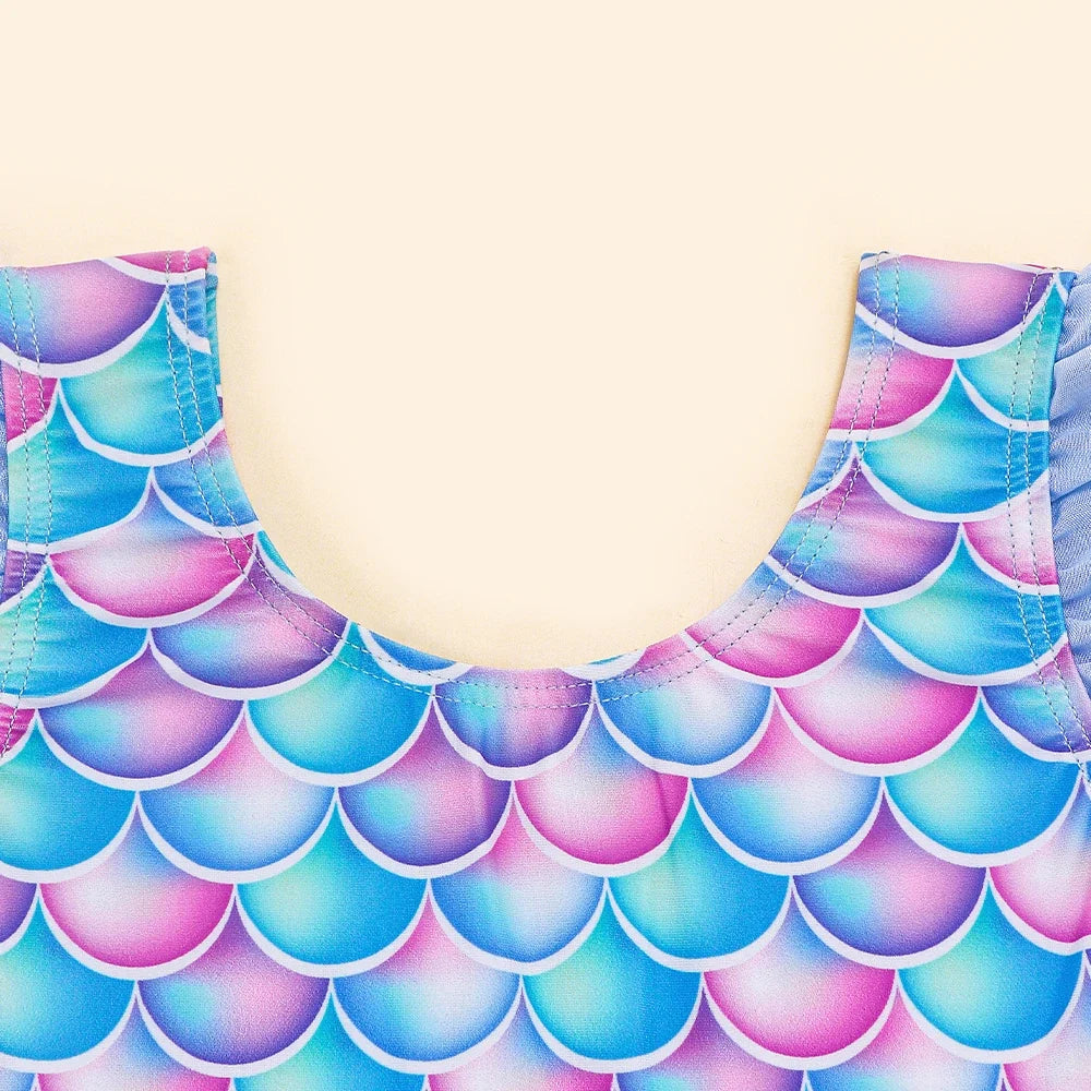 Mermaid-Scale Print, Ruffle Sleeves, Tulle, Polyester Elastane, Beach – Fast-Dry Sturdy Girls' One-Piece Swimsuit