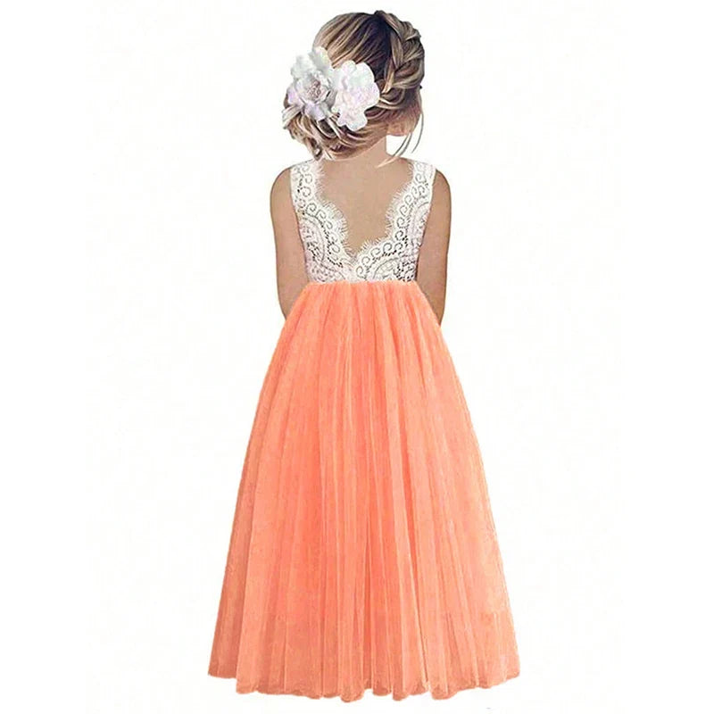 Light Girls’ Flower Girl Dress - Lace Bodice, Flowing Tulle Skirt, Polyester, For Wedding