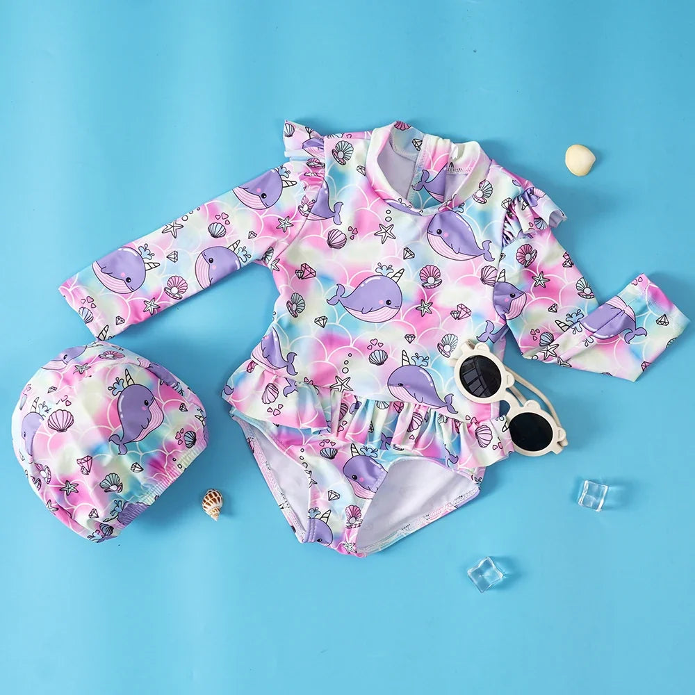 Plush Girls' One-Piece Swimsuit - Long Sleeve, Lace Design, Polyester, Sun Protection Beachwear