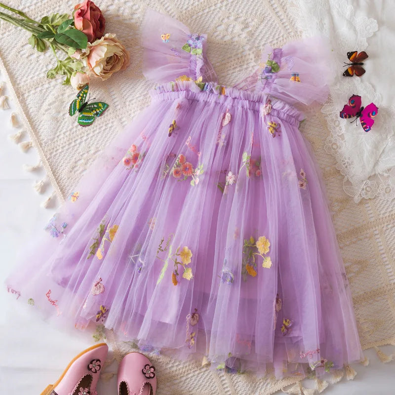 Light flowy girls' dress - knee-length tulle, floral print, polyester, for weddings