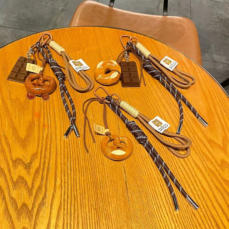 Rope Woven Bowknot Keychain With Cute Pastry Charms