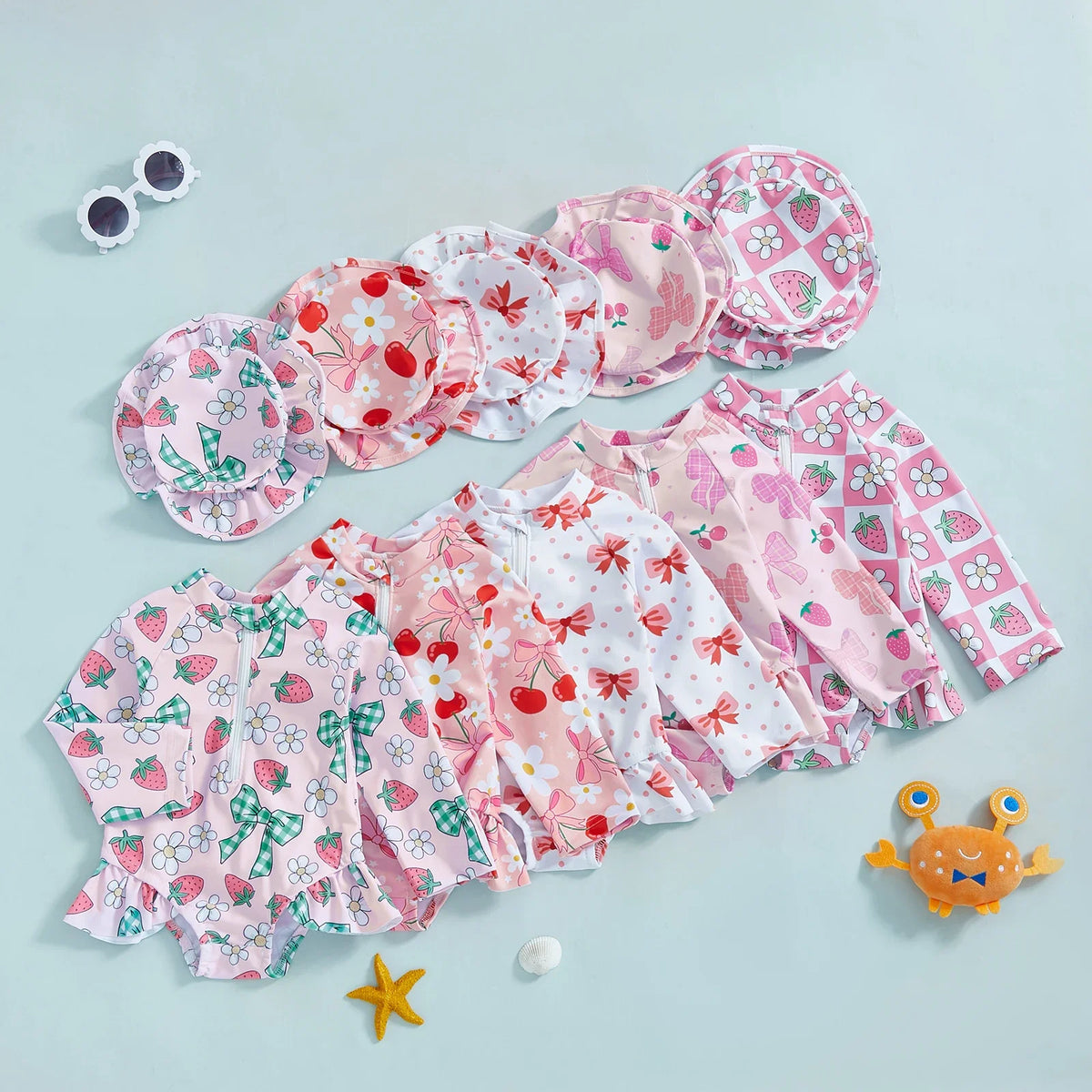 Plush Girls' Rash Guard Swimsuit Kit - Zip-Up, Floral Print, Polyester, With Hat, For Summer Beach And Pool