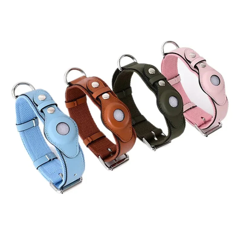 Leather Dog Collar Flexible Padded Pet Collar With AirTag Holder Deluxe Design All-Season Comfort Gift