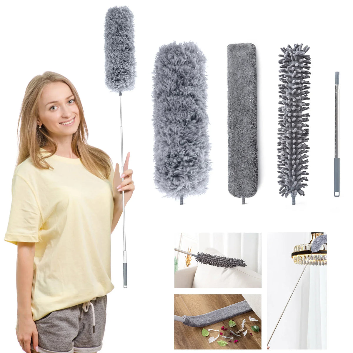 Microfiber Cleaning Device Kit - 4PCS Long Handle Duster & Brushes for Household Cleaning